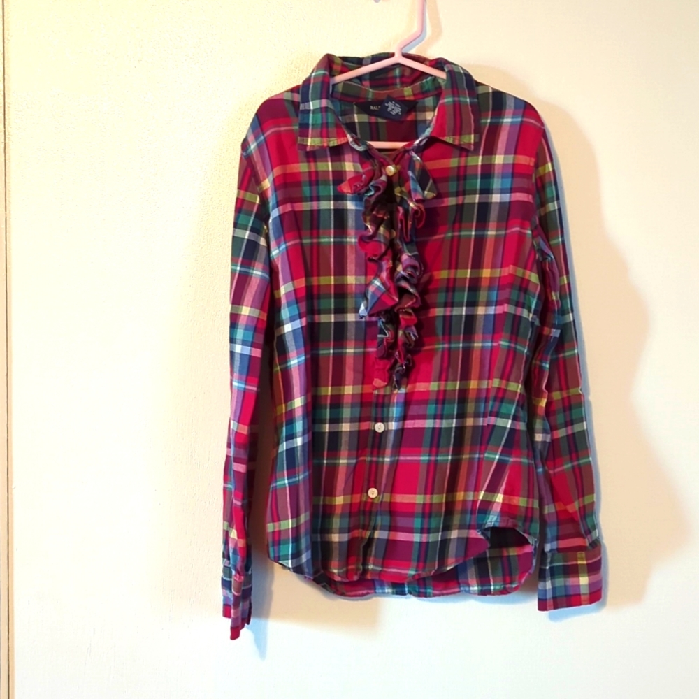 Ralph Lauren Flannel Plaid Ruffle-Front Shirt Button Up Long Sleeve Girls 10 D